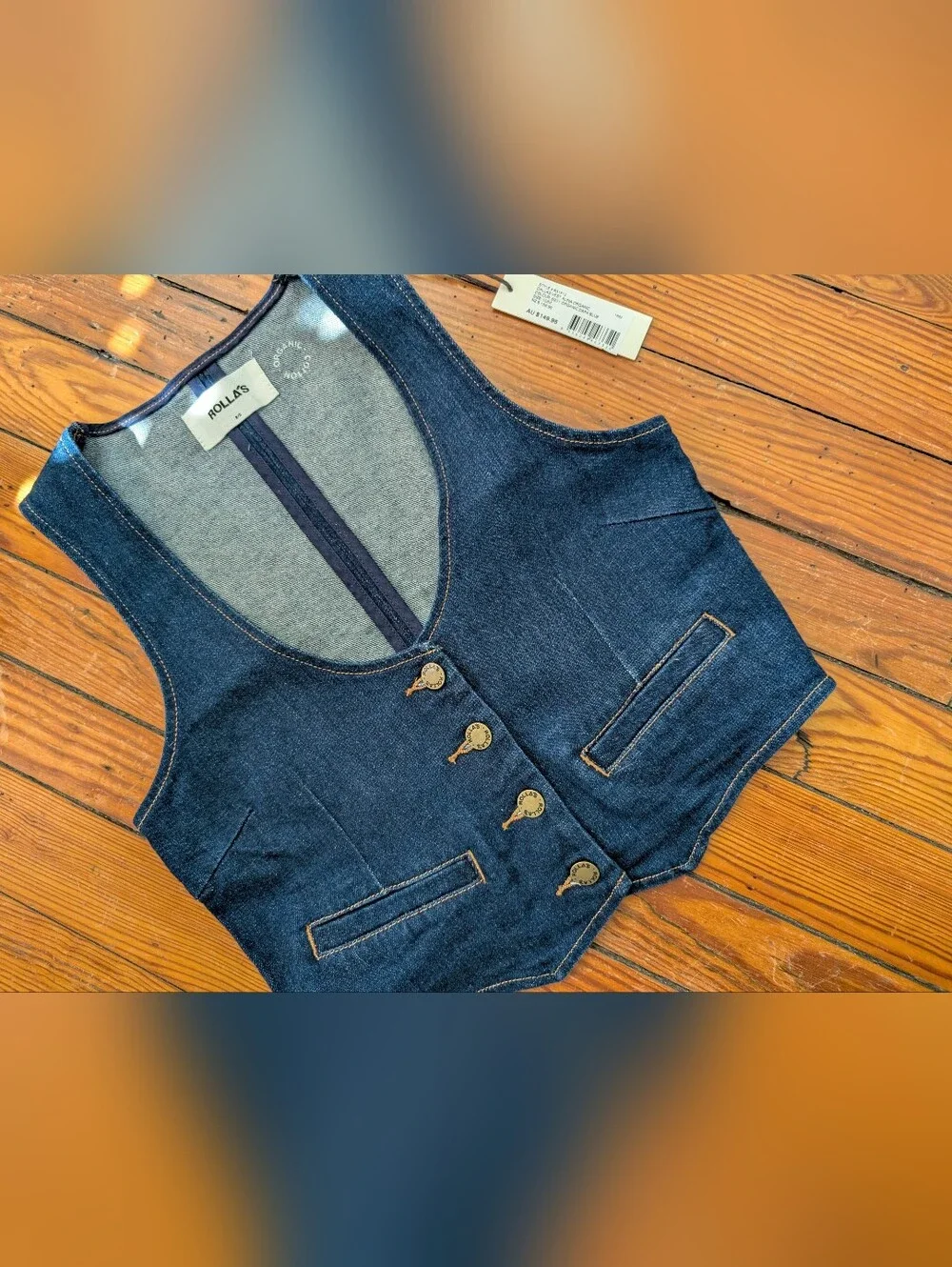 NWT Rolla's Dallas Dark Organic Denim Cropped Vest Top S western Boho - Picture 1 of 8